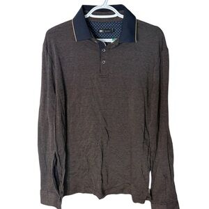 LE 31 PAR SIMONS New Long Sleeve Polo Shirt Buttons Navy Tan Collar Large